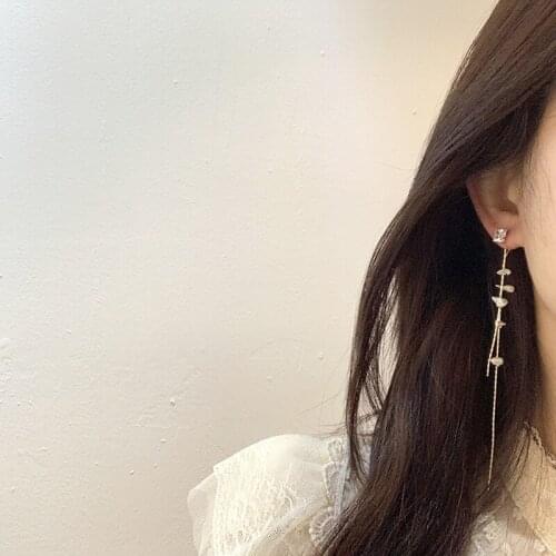 Korean Elegant Baroque Pearl Long Earrings For Women CZ Zirconia Tassel Chain Eardrop Fashion Accessories Dangle Wedding Jewelry