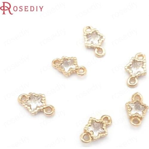 38127)10PCS 4MM 24K Champagne Gold Color Brass and Zircon 2 Holes Star Connect Charms Pendants Jewelry Making Supplies