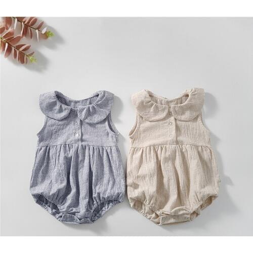 Infant cute baby girls clothes small plaid cotton sleeveless triangle Siamese Romper Doll collar Jumpsuits