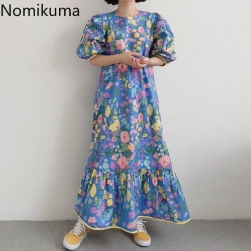 Nomikuma Korean Chic Floral Printed Dress Women O Neck Puff Sleeve Dresses Elegant Temperament Summer New Trend Vestidos Mujer