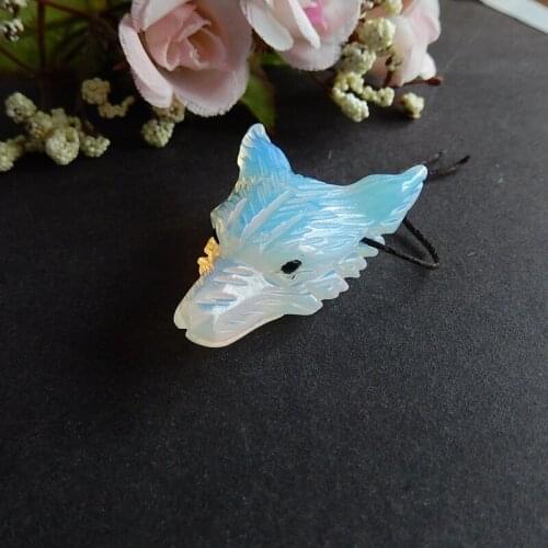 Natural Gemstone Carved Opalite Wolf Head diy necklace pendants,43x30x14mm,16.3g