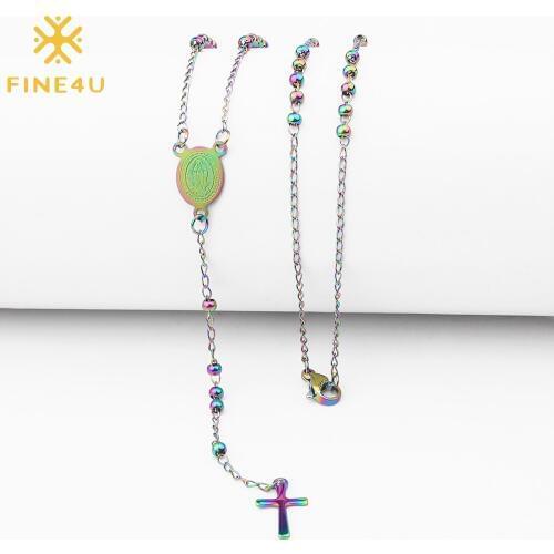 FINE4U N499 Stainless Steel Our Lady of Guadalupe Medal Pendant Necklace Crucifix Cross Necklaces Catholic Rosary Jewelry