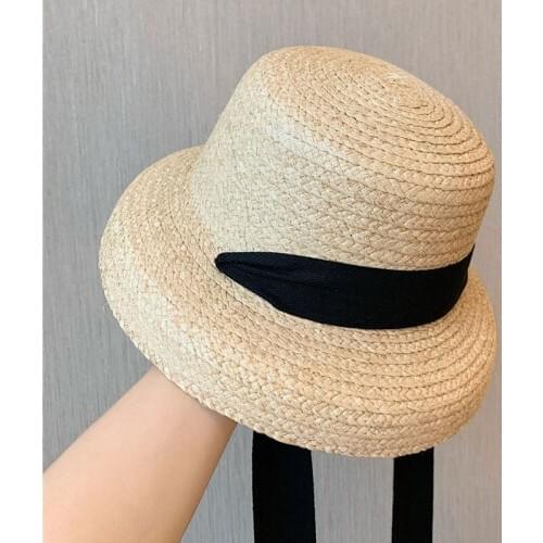 New Panama Hats For Women Large Brim Beach Sun Hats With Fashion Long Belt Visor Hat Raffia Straw Bucket Summer Bonnet Enfant