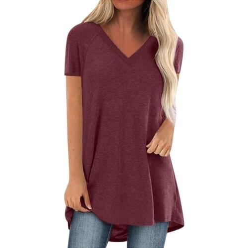 Casual Summer Women Solid Color Short Sleeve V Neck Loose Blouse Long T-shirt Solid Color Short Sleeve Blouse Long T-shirt