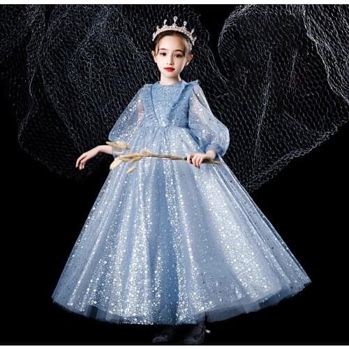 Sequins Simple Ball Gown High Neck Empire Full Sleeves Zipper Back Kids Party Communion Dresses Girl Dresses For Weddings
