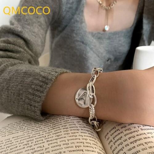 QMCOCO 925 Silver Punk Trendy Letter A Round-Shape Pendant Bracelet For Women Men Hip-Hop Bracelet Party Jewelry Gifts