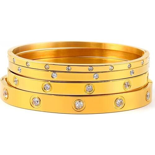 Luxuxy Brand Cubic Zirconia Crystals Bangles & Bracelets for Women Jewelry Stainless Steel Cuff Bangle Gold Silver Bijou Gift