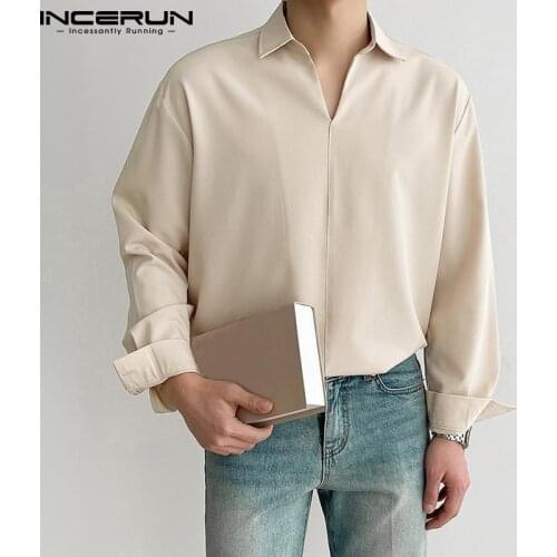 Solid Color Men Shirt Turn Down Collar 2021 Long Sleeve Korean Casual Men Clothing Loose Streetwear Leisure Camisa S-3XL INCERUN