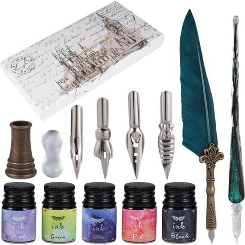 1Set Crystal Glass Pen Set Delicate Retro Feather Pen Kit Replaceable Pen Dip Kit Art Supplies For Home Office Studio Writing
