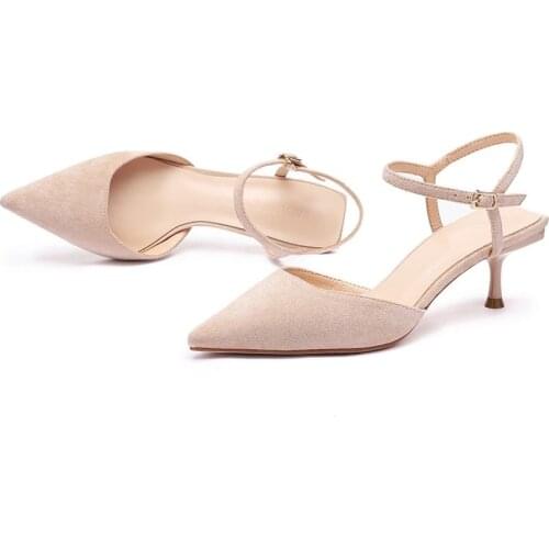 Thin Shoes For Women High Heels Sandals Summer Shoes women sandals Flock Buckle Strap 5.5CM Thin High Heels Pointed Toe Shallow