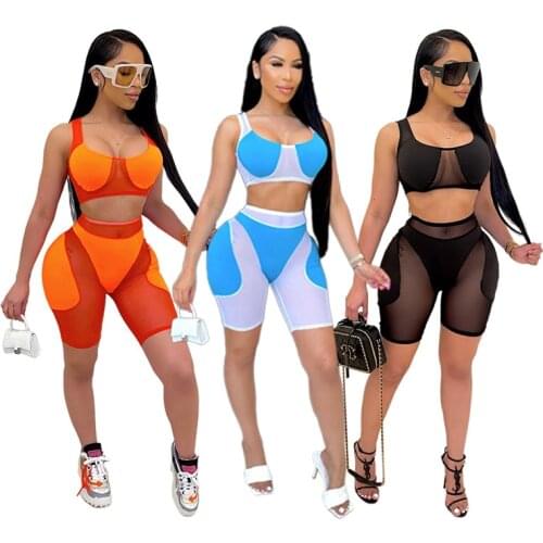 Prowow Summer Women Sportswear Corset Tops Biker Shorts Two Piece Sport Suits Mesh Patchwork Bodycon Fitness Outfits Tracksuits