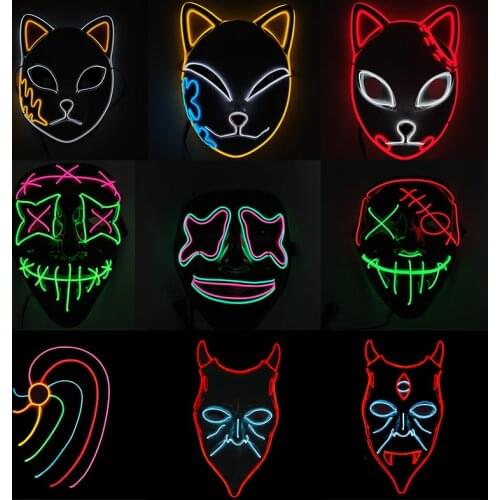 Luminous LED Mask Cosplay Japanese Anime Fox Ninja Obito Horror Monster EL Wire Mask For Halloween Carnival Party Decoration
