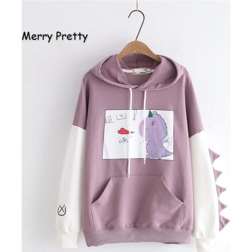 Merry Pretty Women Dinosaur Sweatshirt With Horns On Sleeve Cotton Fleece Hoodies Sweatshirts Winter Hooded Hawaii Pullovers