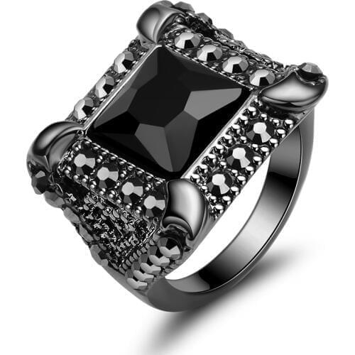 Top Quality AAA Black Onyx Zircon Ring Geometric Design Black Gold Filled Vintage Wedding Engagement Rings For Men And Women