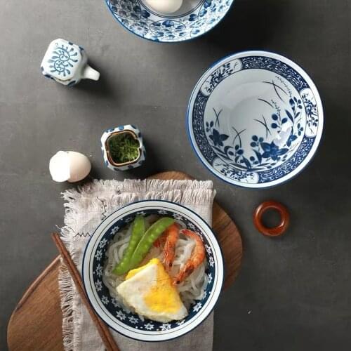 Japanese Ceramic Hand-painted Ramen Noodle Bowl Blue and White Porcelain Retro Dinnerware Salad Rice Fruit Soup Bowl Tableware
