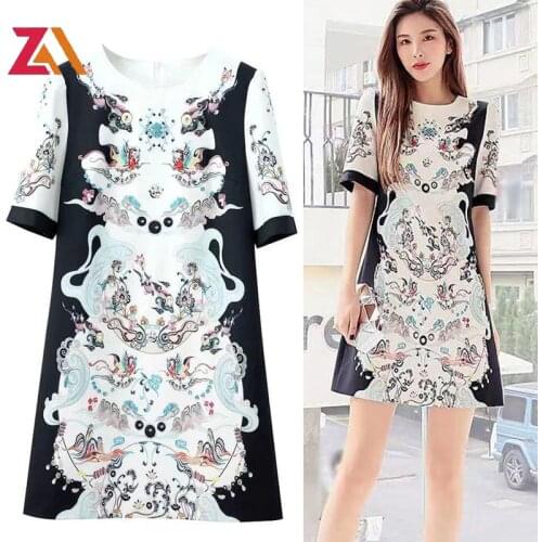 ZALady summer elegant mini dresses for women vintage printed short sleeve o-neck loose basic zevity beach chic dress woman robes