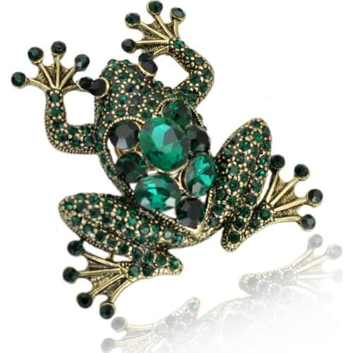 Womens Retro Frog Brooch Green Imitation Crystal Flash Animal Corsage Mens Collar Pin Luxury Party Jewelry Accessories