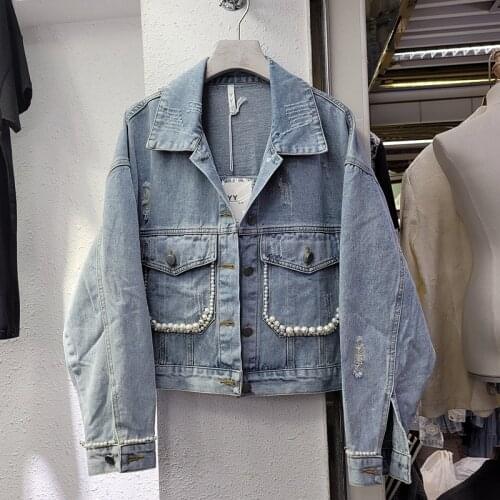 Autumn Korean Beading Big Pocket Denim Jacket Coat Women Vintage Blue Hole Outerwear Loose Long Sleeve Short Jeans Jacket Female