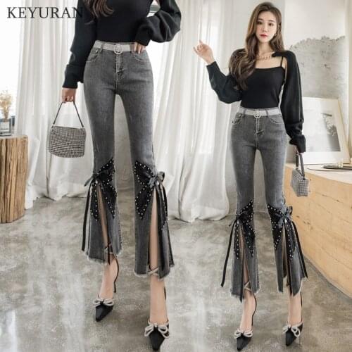High Waist Jeans Womens 2021 New Spring Autumn Heavy Rivet Beaded Bowknot Flared Denim Pants Female Slim Gray Cropped Jeans