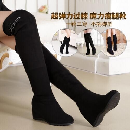 Autumn/Winter new slope-heeled plus-velvet boots Korean version over-knee boots womens single thin boot platform boots gothic