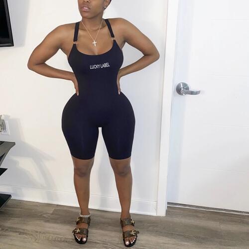 Fitness Knit Ribe Embroidery Lucky Label Playsuit Women Summer Sporty Grey Black Backless Biker Shorts Bodycon Rompers Jumpsuit