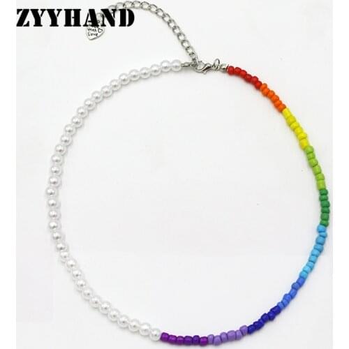Rainbow Rice Beads Women Necklace Girl Ceramic Charm Synthetic Pearl 40CM Romantic Lady Customized Casual Neck Jewelry
