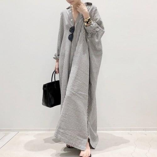 Dress 2021 New Style Striped Dress Maxi Length Long Sleeve Button Ladies Fashion Casual Dressing A Line Single-Breasted