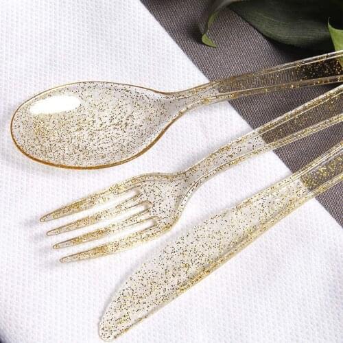 Disposable Plastic Gold Glittering Dessert Cake Knife Dinner Fork Spoon set Wedding Birthday Christmas Party Cutlery 20-24pcs