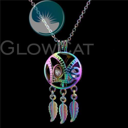C823 Rainbow Feather Dream Catcher Letter Love Beads Cage Essential Oil Diffuser Aroma Oyster Pearl Cage Locket Necklace