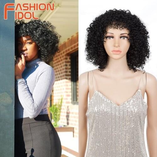Black Afro Wigs Cosplay With Bangs Short African Kinky Curly Soft Hair 12 Inch Anime Synthetic Wig For White Women FASHION IDOL