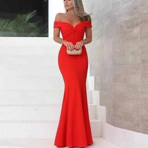 Long Jersey Mermaid Prom Evening Dresses Off Shoulder Ruched Pleats Floor Length Sexy Prom Dress Robe De Soiree