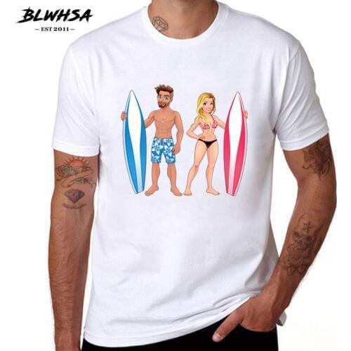 BLWHSA New Summer Fashion Surfers Boy Girl Printed T-Shirt Newest Men T Shirts White Short Sleeves Tops Hip Hop Tee