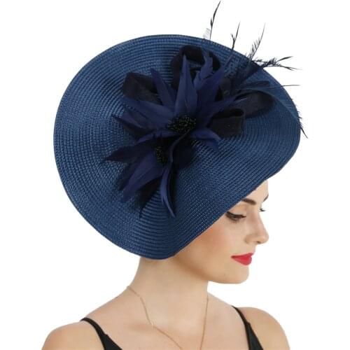 New Imitation Straw Fashion Headwear Wedding Big Fascinator Hat Navy Headpiece Hair Band Elegant Ladies Women Formal Occasion