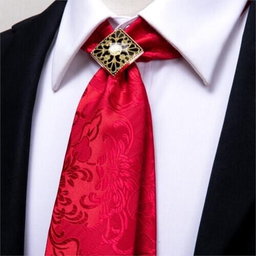 Hi-Tie Red Floral Luxury Bolo Tie Classic Paisley Mens Tie Ring Handky Cufflinks Set Tie For Men Wedding High Quality NeckTie