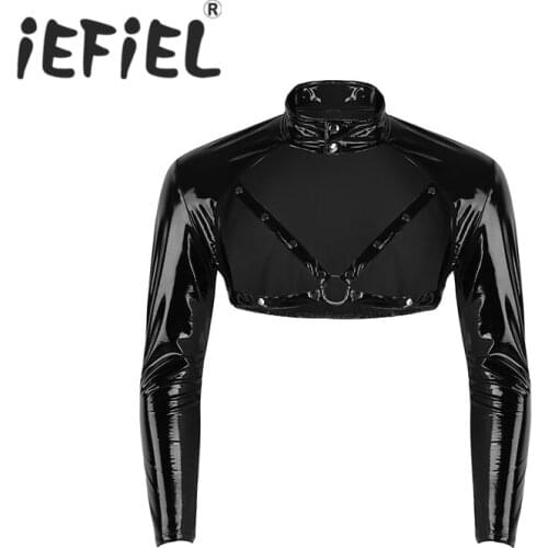 IEFiEL Fashion Male Mens Wetlook Faux Leather Tank Top Vest Harness Clubwear Stage Costume Crop Tops Long Sleeve Half Tank Top