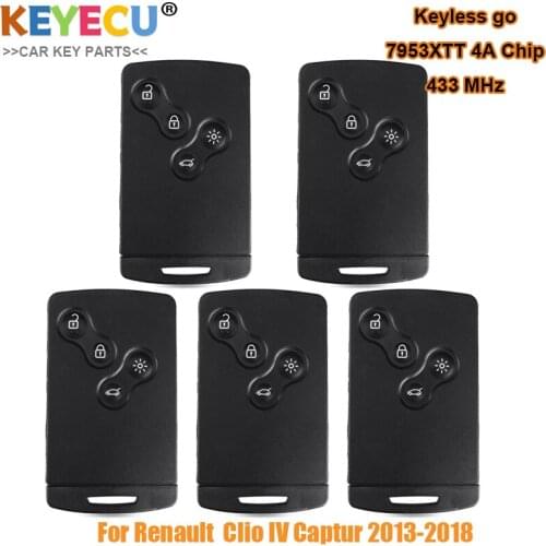 KEYECU 5Pcs/lot Smart Card Remote Control Car Key for Renault Clio 4 Clio4 Captur, Fob 4 Buttons - 433MHz - PCF7953XTT 4A Chip