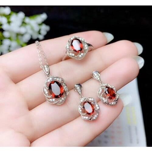 KOFSAC New Women 925 Sterling Silver Necklace Set Jewelry Elegant Red Crystal Flower Rose Gold Earrings Ring Lady Wedding Gifts