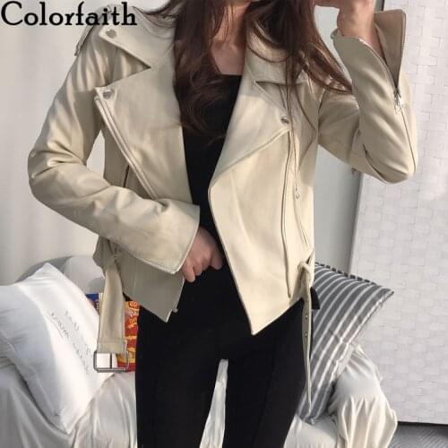 Colorfaith New 2021 Autumn Winter Womens Leather Jackets Outerwear High Street Vintage Faux Leather Lace Up Short Tops JK2236