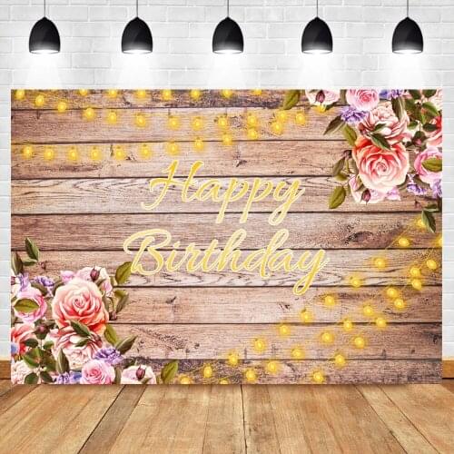 Laeacco Vintage Wooden Boards Texture Happy Birthday Photographic Background Flower Light Decor Photocall Backdrop Photo Studio