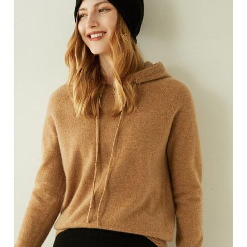 LONGMING 100% Cashmere Women Sweatshirt Hoodies Pullover Women Knitted Sweater Autumn Warm Wool Sweater Hooded Jumpers Knit Top