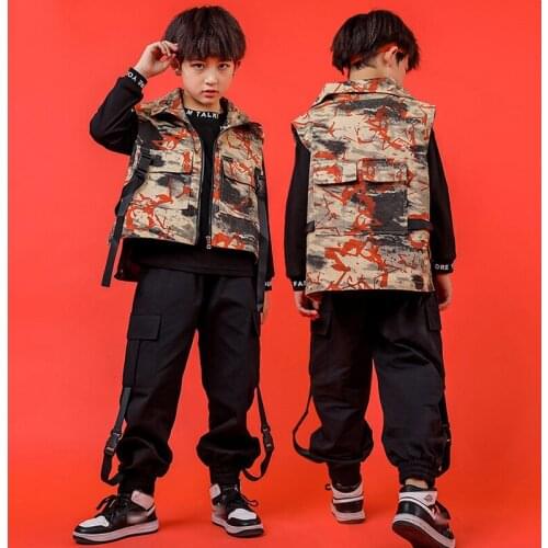 New Hip Hop Clothes Kids Camouflage Vest Black Tops Overalls Pants Handsome Stage Performance Wear Hip Hop Dance Costumes BL6311