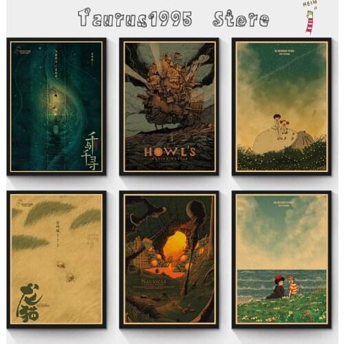 New Retro style art deco painting Japanese popular anime Hayao Miyazaki works Spirited Away and other works Poster