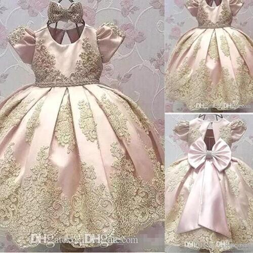 Newest Short Sleeves Flower Girl Dresses Big Bow Toddler Gold Applique Kids Communion Dress Birthday Party Pageant Gown BA9989