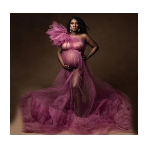 Charming One Shoulder Tulle Maternity Dressing Gowns Sexy Sheer See Through Long Train Bridal Pregnancy Photo Shoot Dresses