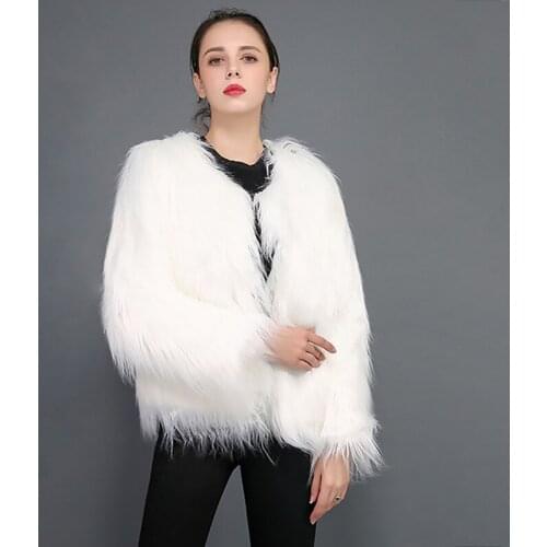 Elegant Furry Faux Fur Coat Women Fashion Thick Warm Outerwear Autumn Winter Plush Coats Collarless Fluffy Jacket Hairy Overcoat