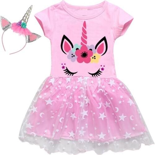 Baby Girls Summer Headband Unicorn Dress Kids Dresses Girls Dress Short sleeve Children Clothing Party Dress Princess Birthday