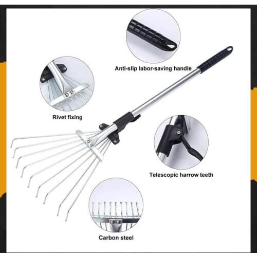 Stainless Steel Adjustable Telescopic Garden Leaf Rake 9 Toothed dead leaf Rake Wire Garden Rake Gardening Tools Agriculture