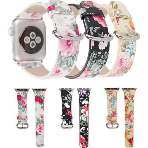 Chinese Ink Painting Flower Leather Watch Band for Apple Watch Strap 44mm 42mm 40mm 38mm Wristband for iWatch Series 1 2 3 4 5