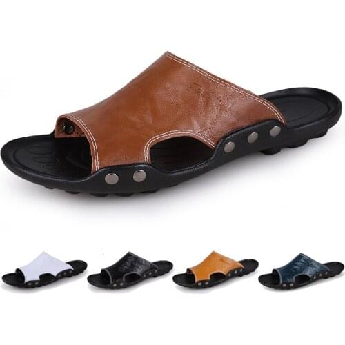 Genuine Leather Slipper Summer Men Shoes Casual Outdoor Flip Flops Indoor Non-Slip Black Flat Fashion Beach Slides Size 36-46