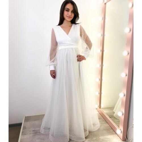 Polka-Dot Wedding Dress A-Line V-Neck Illusion Lantern Sleeve Sashes Lace-Up Floor Length Formal Bride Gown Custom Made 2021